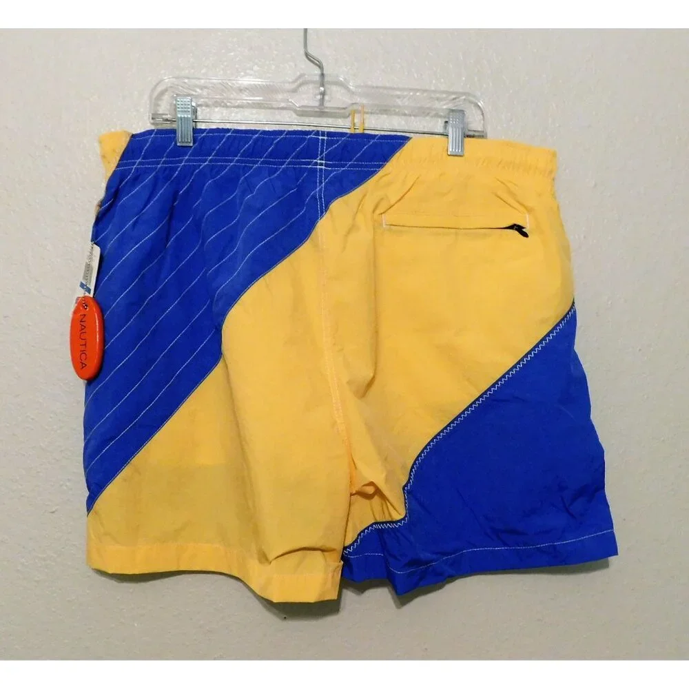 Nautica NS83 Swim Shorts XL Blue Yellow Mesh Lining Elastic Waist Drawstring NEW